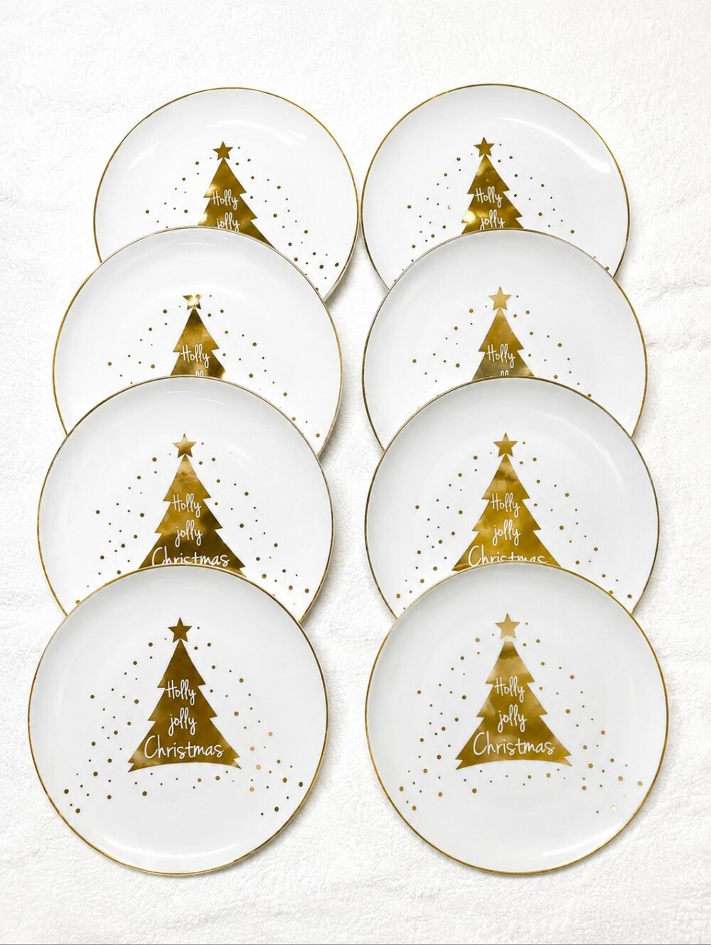 Pier 1 Holly Jolly Christmas Metallic Gold Porcelain 8 Dessert Appetizer Plates